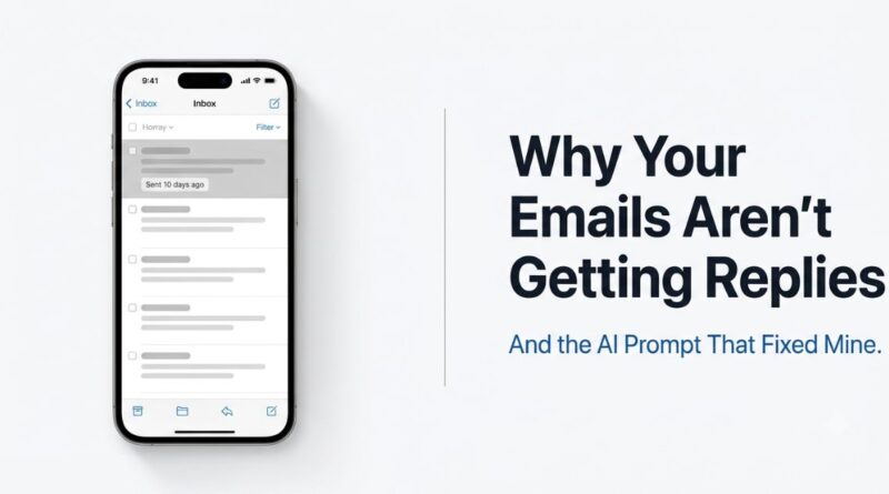 A smartphone showing an unanswered email inbox next to bold text reading why your emails are not getting replies and the AI prompt that fixed it