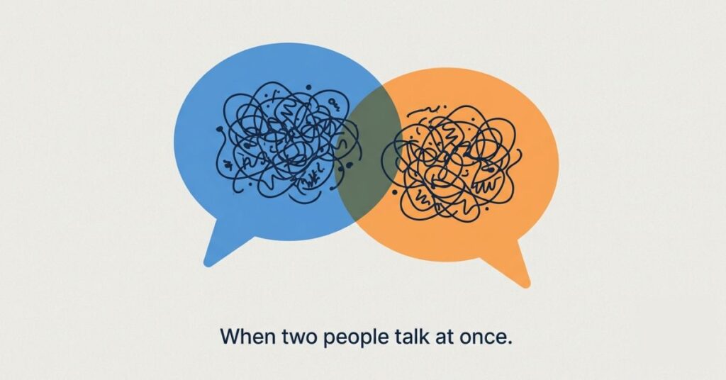 Two overlapping speech bubbles representing cross talk during a meeting call, showing why AI transcription accuracy drops in real conversations