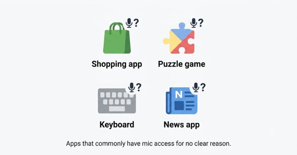 Four app category icons including shopping, games, keyboard, and news apps each showing a microphone symbol indicating unexpected microphone permission access
