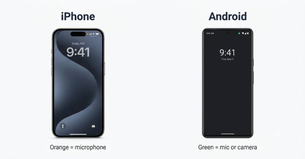 Side by side comparison of iPhone status bar showing an orange microphone indicator dot and Android status bar showing a green microphone and camera indicator dot