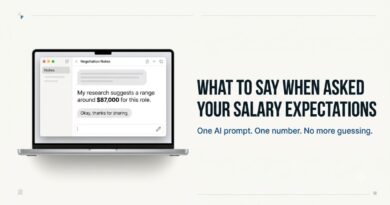 Laptop showing a salary figure of 87000 dollars next to bold text reading what to say when asked your salary expectations and an AI prompt strategy