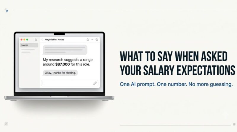Laptop showing a salary figure of 87000 dollars next to bold text reading what to say when asked your salary expectations and an AI prompt strategy
