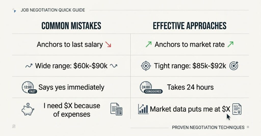 Four row comparison card showing common salary negotiation mistakes on the left and better approaches on the right including anchoring, range width, timing, and framing