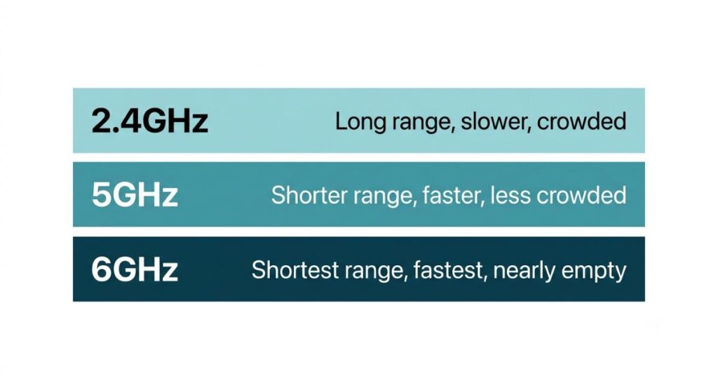 Comparison chart of 2.4GHz, 5GHz, and 6GHz Wi-Fi bands showing the tradeoff between range and speed for each