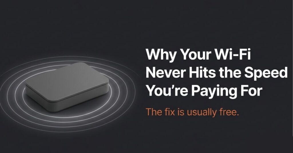A home router with signal waves next to bold text reading why your Wi-Fi never hits the speed you are paying for, the fix is usually free