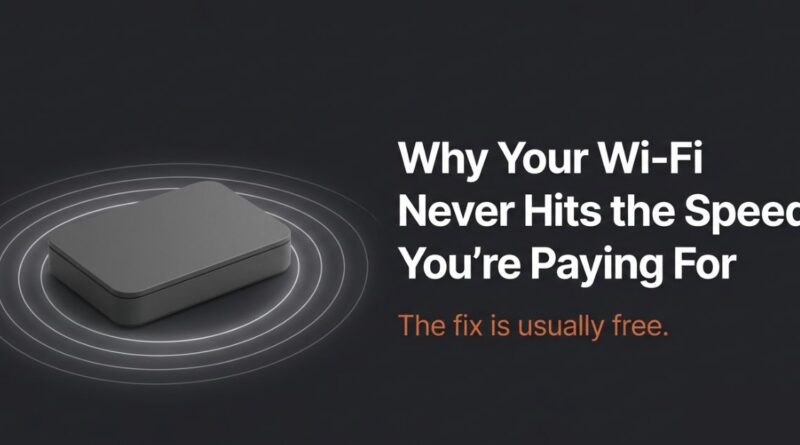 A home router with signal waves next to bold text reading why your Wi-Fi never hits the speed you are paying for, the fix is usually free