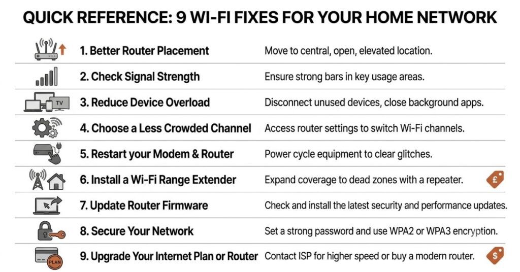A nine point checklist graphic summarizing free and paid fixes for slow home Wi-Fi including router placement, frequency bands, and channel congestion