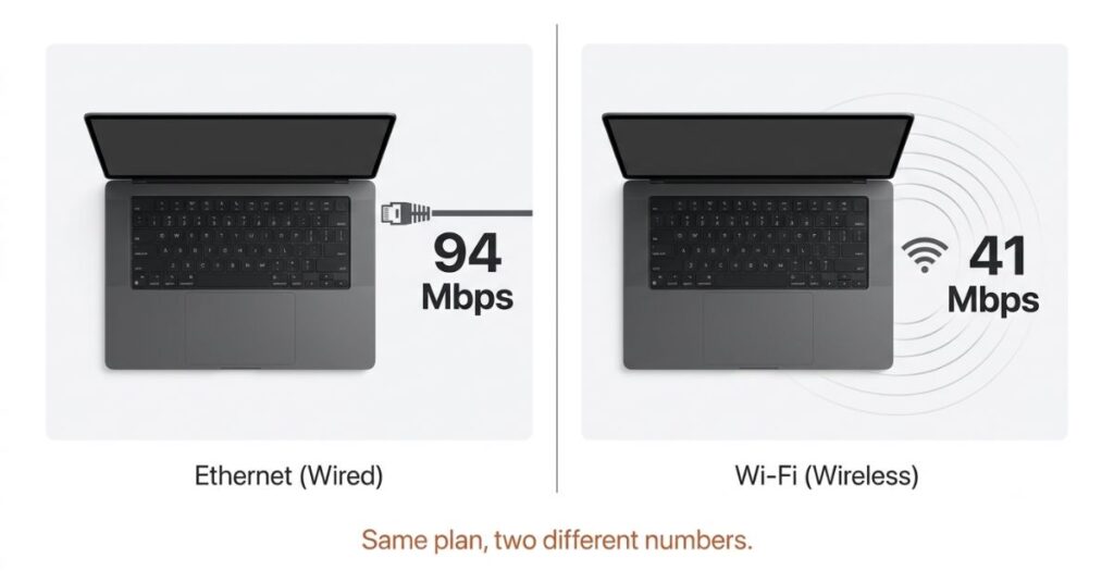 Comparison graphic showing a higher wired speed test result next to a lower Wi-Fi speed test result on the same internet plan