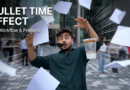 A clickbait-style featured image featuring a man suspended in frozen motion surrounded by floating objects, glowing fire-vortex effects, warning borders, and bold text reading "AI BULLET TIME TRICK!".